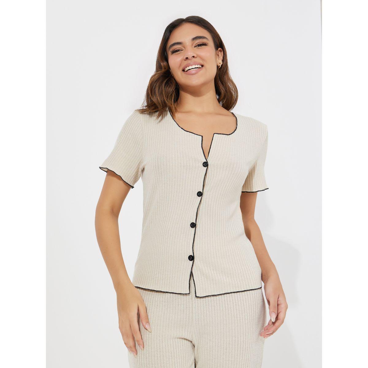Styli Unwind Rib Button Down Contrast Edge Shirt & Side Slit Pyjama Set-women-clothing-nightwear-pyjamas-longsets-image-2