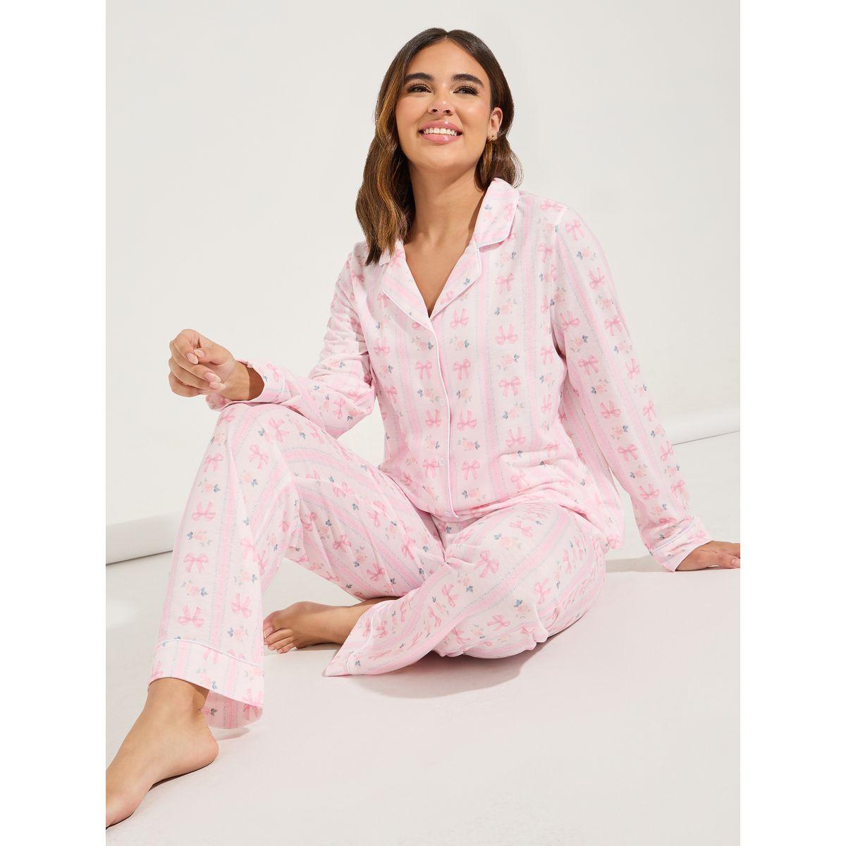 Styli Unwind Linear Bow Print Long Sleeve Shirt & Pyjama Set-women-clothing-nightwear-pyjamas-longsets-image-1