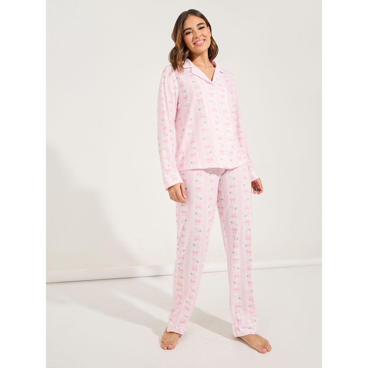 Styli Unwind Linear Bow Print Long Sleeve Shirt & Pyjama Set-women-clothing-nightwear-pyjamas-longsets-image-2