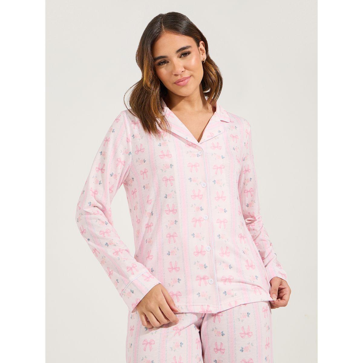 Styli Unwind Linear Bow Print Long Sleeve Shirt & Pyjama Set-women-clothing-nightwear-pyjamas-longsets-image-3