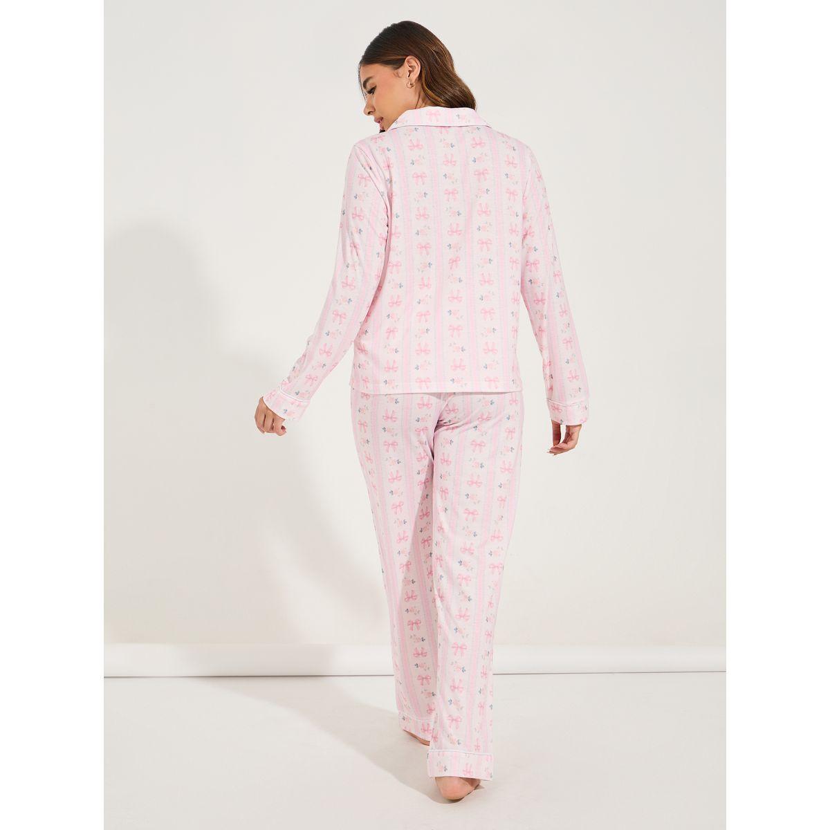 Styli Unwind Linear Bow Print Long Sleeve Shirt & Pyjama Set-women-clothing-nightwear-pyjamas-longsets-image-6