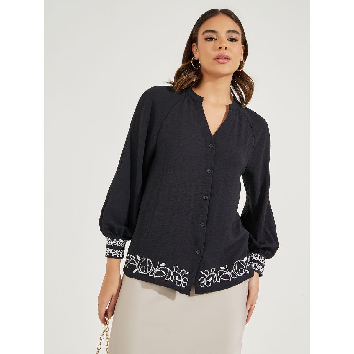 Styli Embroidered Hem Notch Neck Blouse with Cuffed Sleeves-women-clothing-shirtsandblouses-blouses-image-1