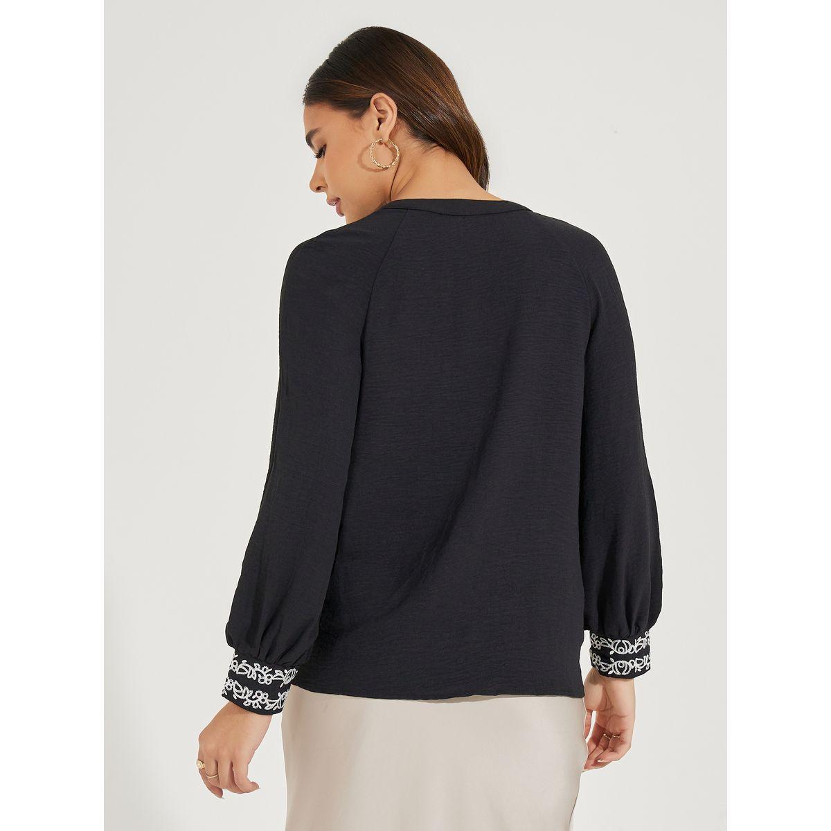 Styli Embroidered Hem Notch Neck Blouse with Cuffed Sleeves-women-clothing-shirtsandblouses-blouses-image-4
