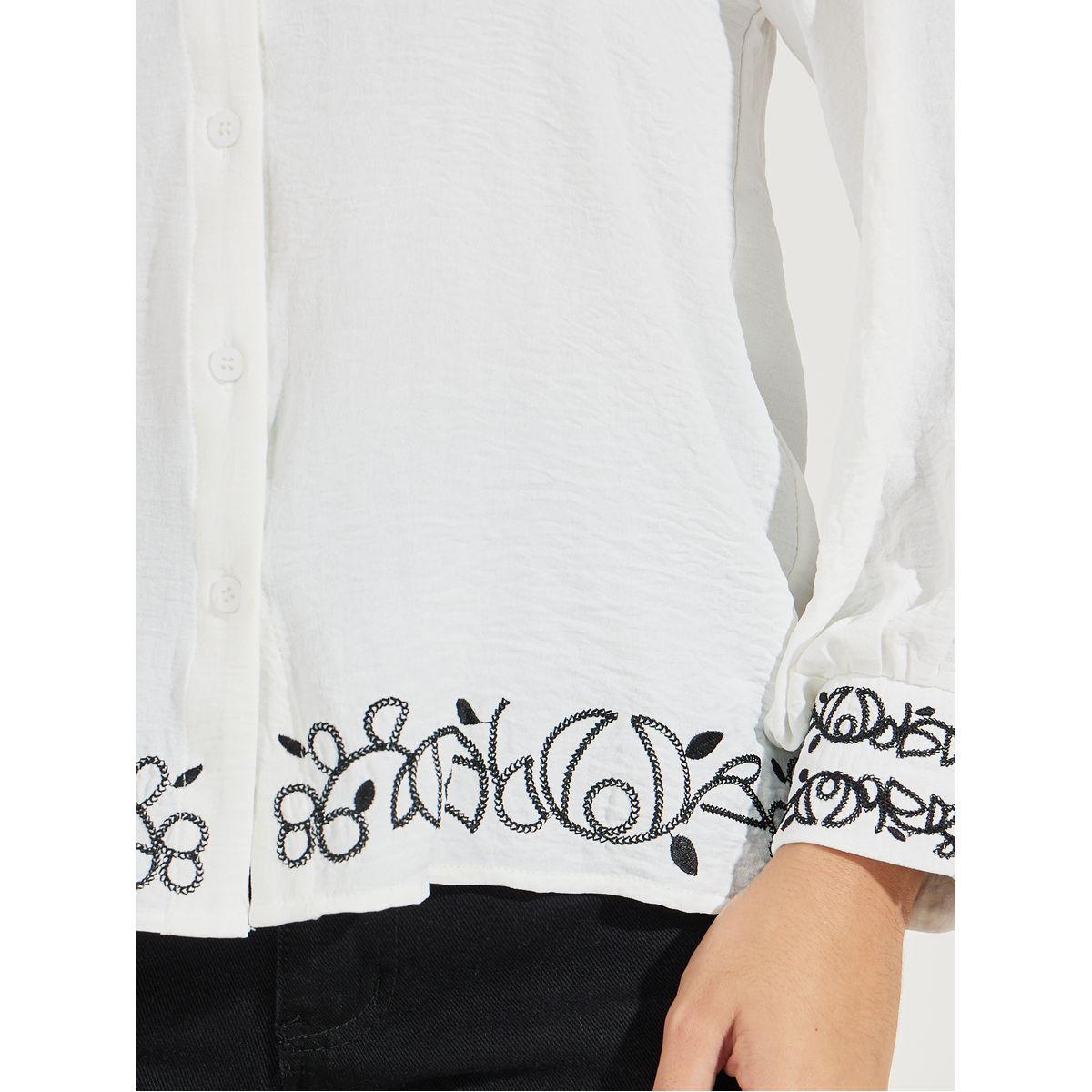 Styli Embroidered Hem Notch Neck Blouse with Cuffed Sleeves-women-clothing-shirtsandblouses-blouses-image-3