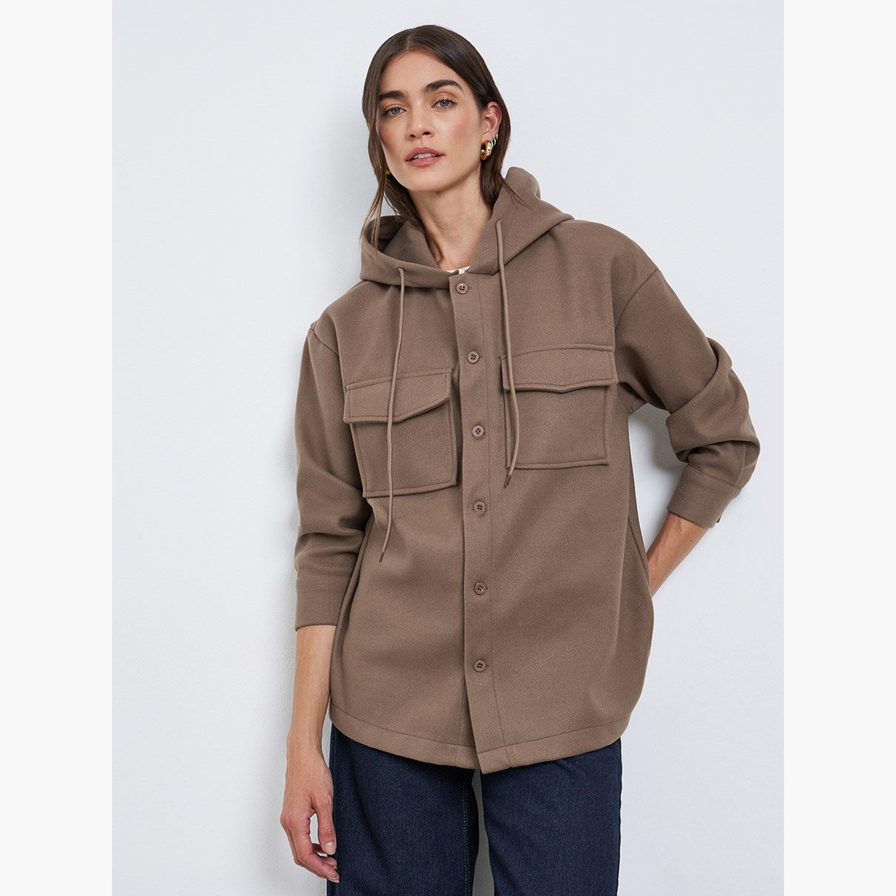 Styli Solid Hooded Neck Long Sleeves Women's Button Through Shacket-women-winterwear-coatsandjackets-jackets-image-1