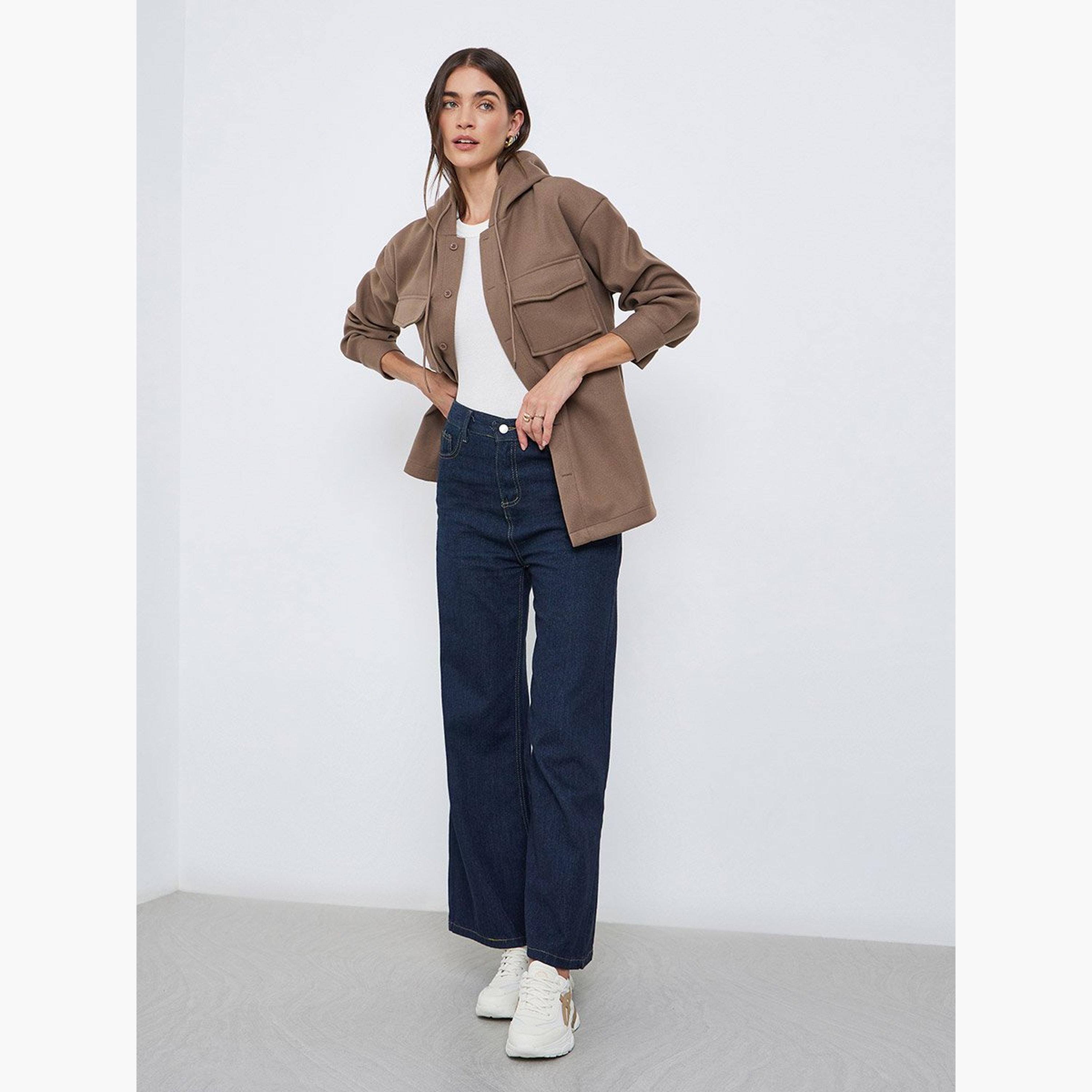 Styli Solid Hooded Neck Long Sleeves Women's Button Through Shacket-women-winterwear-coatsandjackets-jackets-image-2