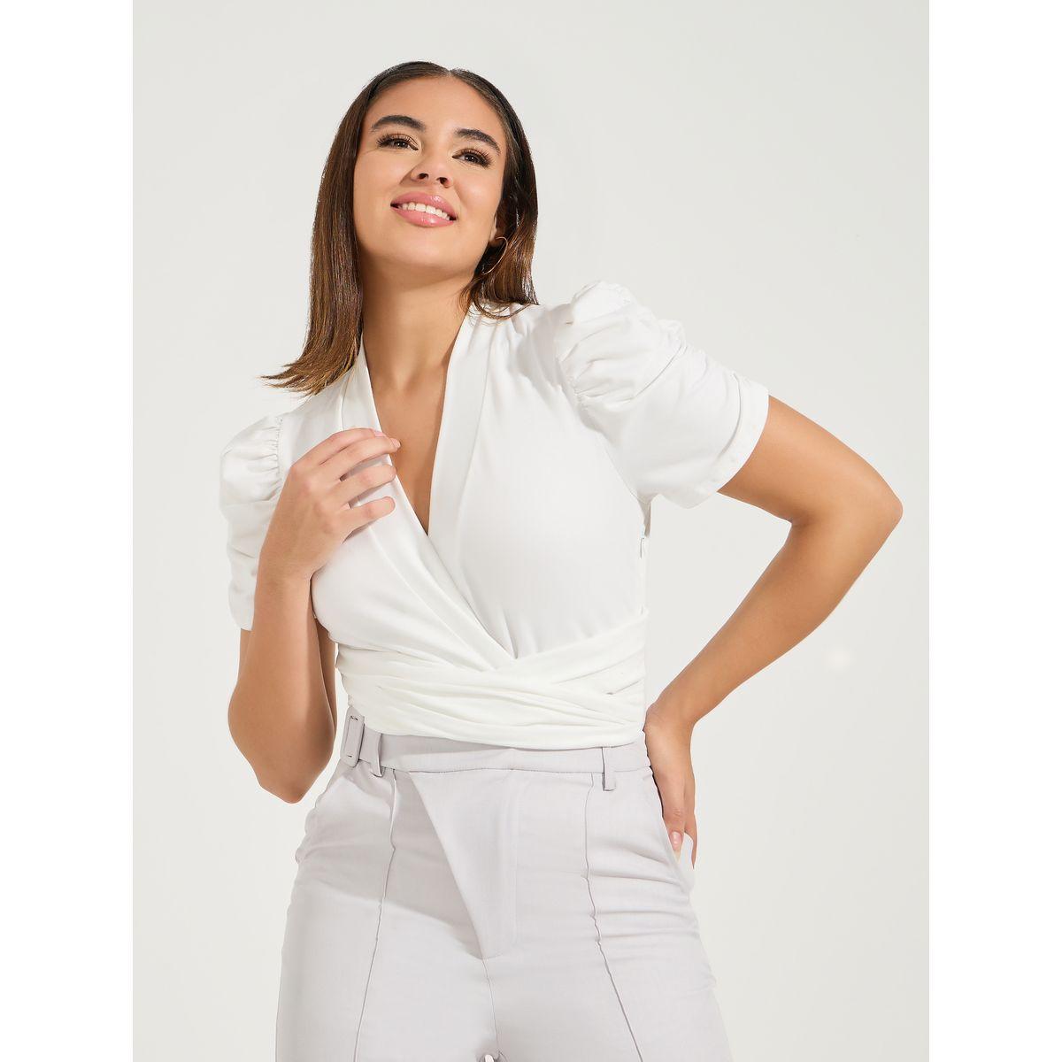 Styli Solid Puff Sleeve Mock Wrap Bodysuit-women-clothing-shirtsandblouses-blouses-image-2