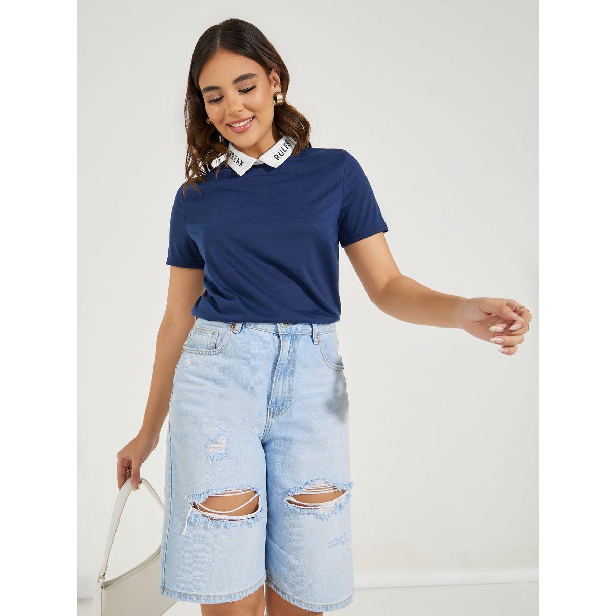 Styli Embroidery Detail Mock Collar Single Jersey Top-women-clothing-shirtsandblouses-blouses-image-3