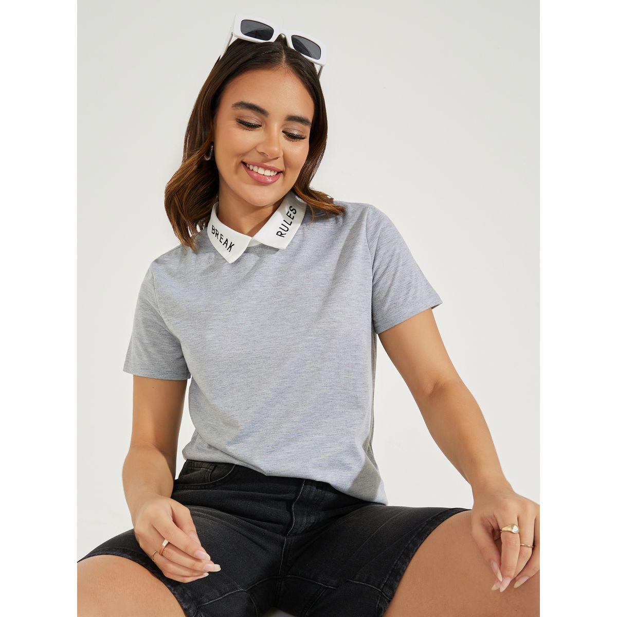 Styli Embroidery Detail Mock Collar Single Jersey Top-women-clothing-shirtsandblouses-blouses-image-1