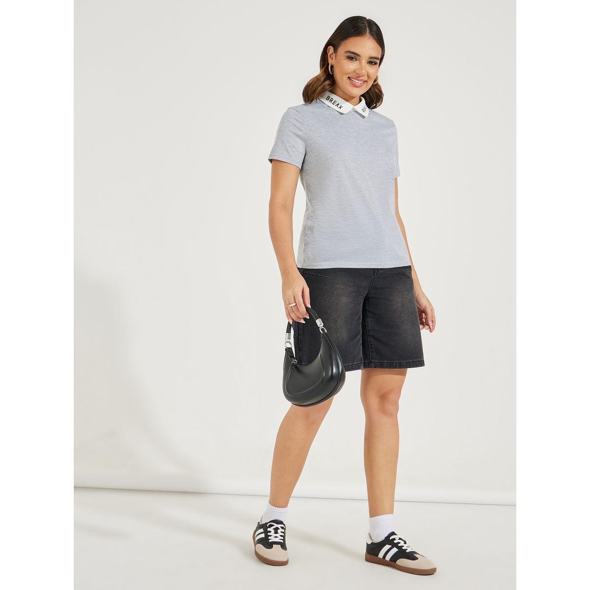 Styli Embroidery Detail Mock Collar Single Jersey Top-women-clothing-shirtsandblouses-blouses-image-2