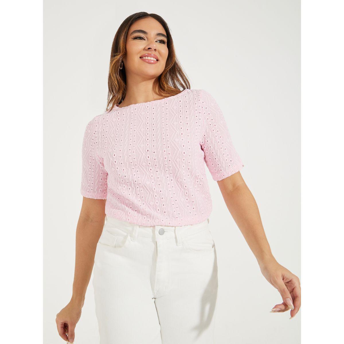 Styli Knit Pointelle Top with Boat Neck & Short Sleeve-women-clothing-shirtsandblouses-blouses-image-1