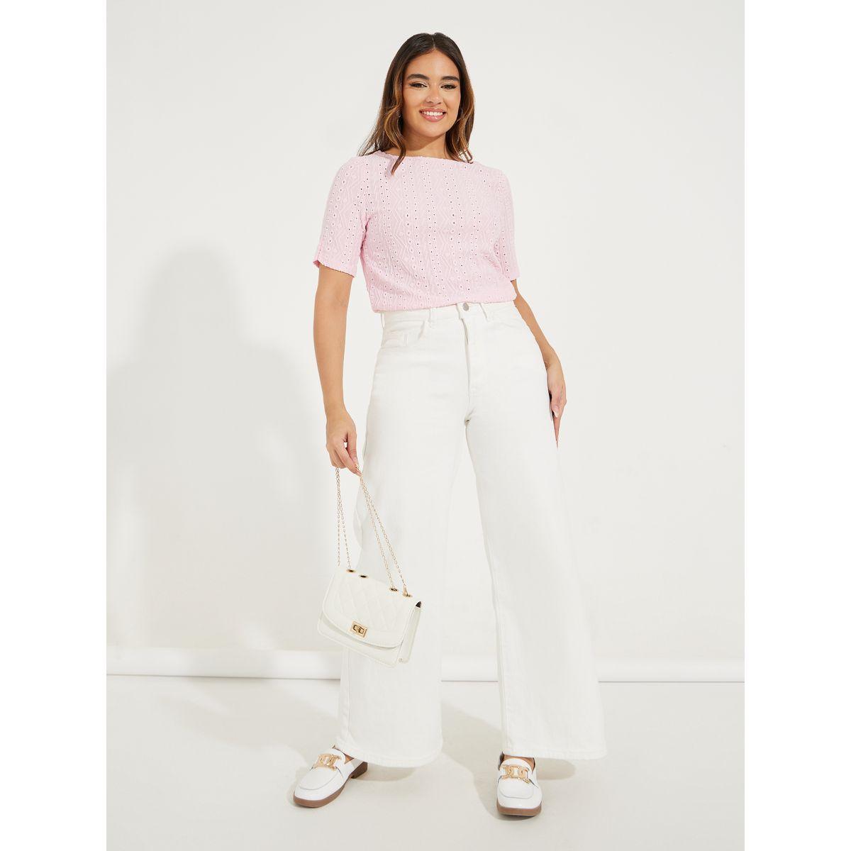 Styli Knit Pointelle Top with Boat Neck & Short Sleeve-women-clothing-shirtsandblouses-blouses-image-2