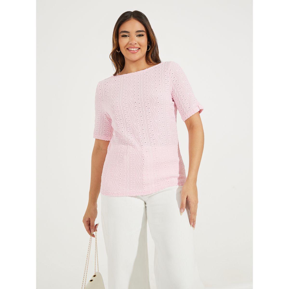 Styli Knit Pointelle Top with Boat Neck & Short Sleeve-women-clothing-shirtsandblouses-blouses-image-3