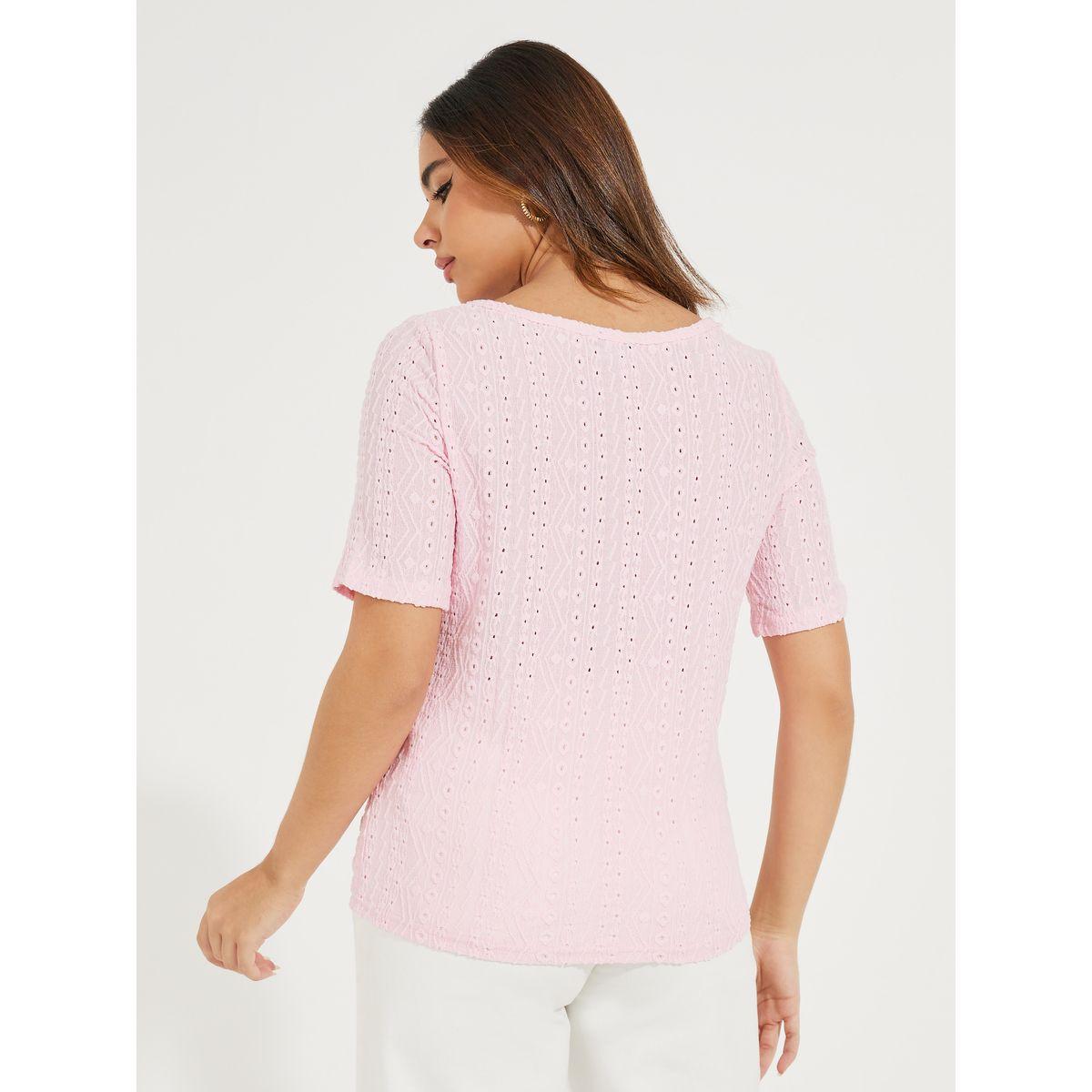 Styli Knit Pointelle Top with Boat Neck & Short Sleeve-women-clothing-shirtsandblouses-blouses-image-5
