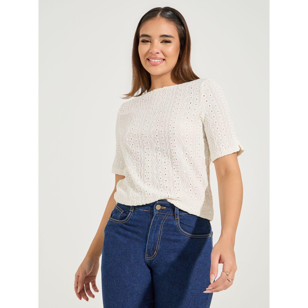 Styli Knit Pointelle Top with Boat Neck & Short Sleeve-women-clothing-shirtsandblouses-blouses-image-1