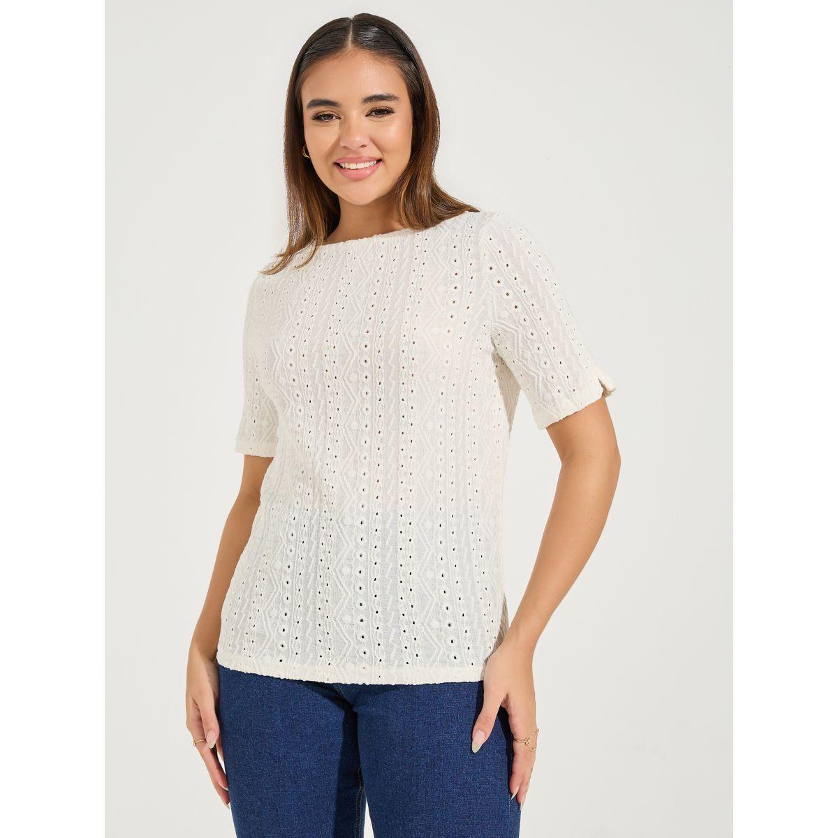 Styli Knit Pointelle Top with Boat Neck & Short Sleeve-women-clothing-shirtsandblouses-blouses-image-2