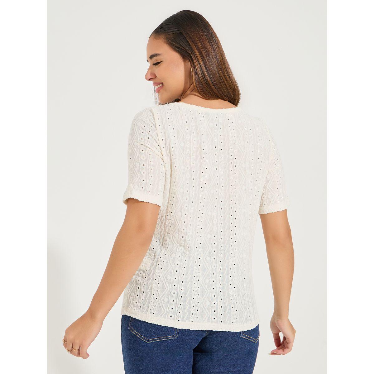 Styli Knit Pointelle Top with Boat Neck & Short Sleeve-women-clothing-shirtsandblouses-blouses-image-5