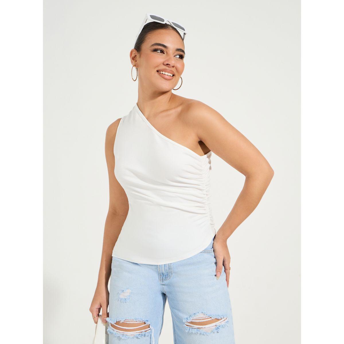 Styli Solid One Shoulder Top with Side Ruched Detail-women-clothing-shirtsandblouses-blouses-image-1