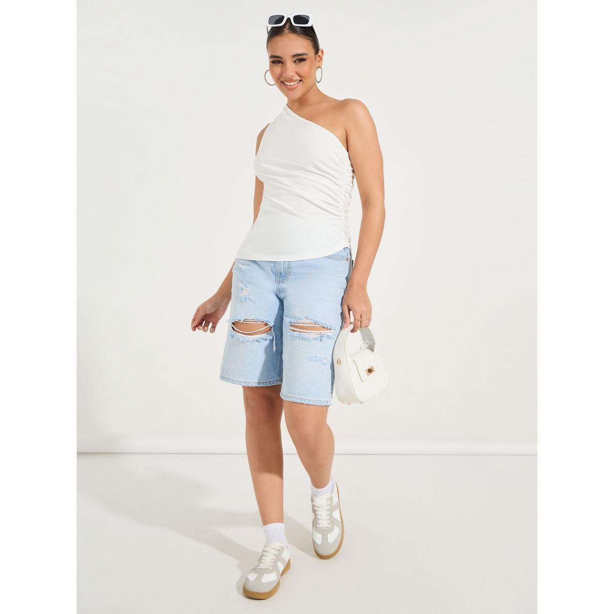 Styli Solid One Shoulder Top with Side Ruched Detail-women-clothing-shirtsandblouses-blouses-image-2