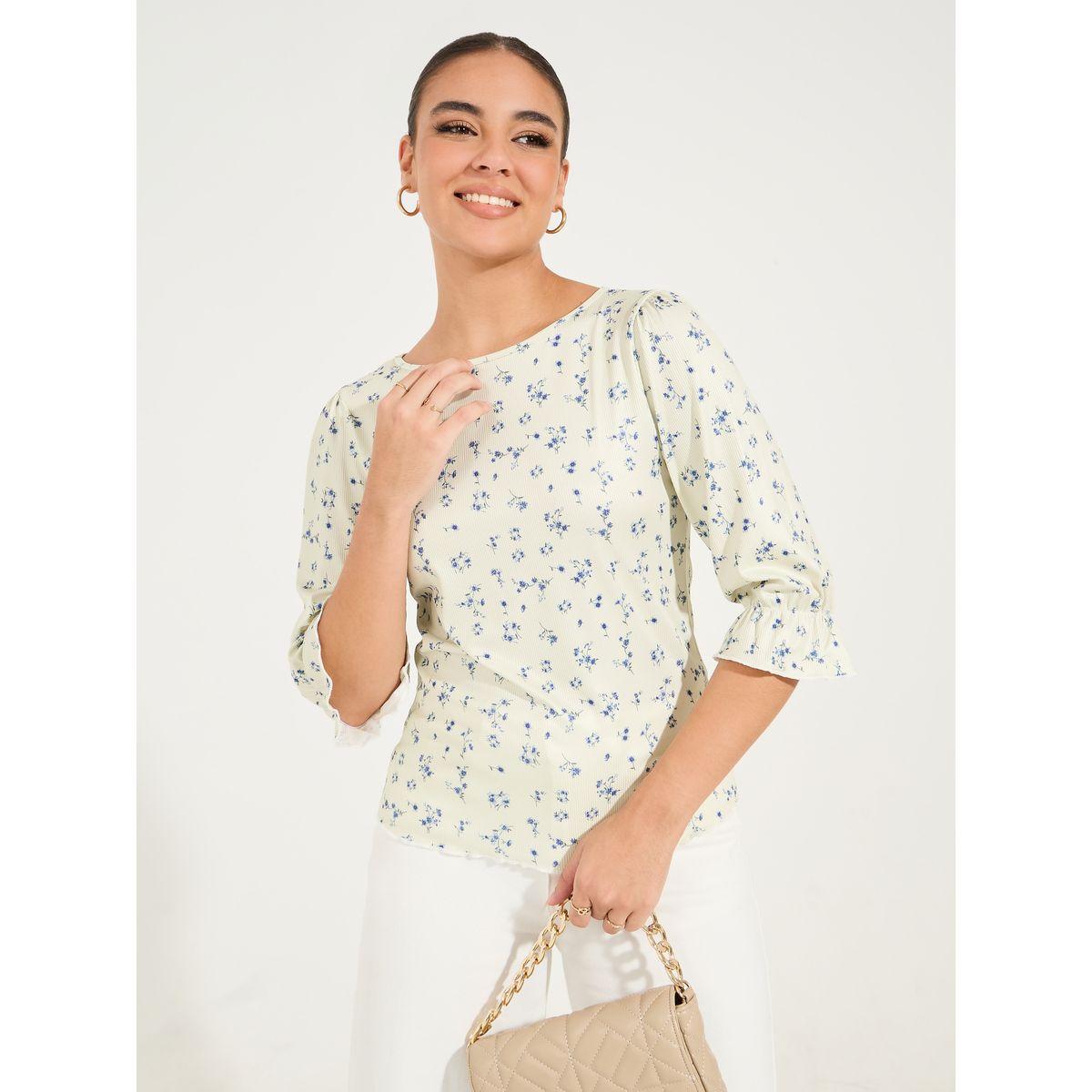 Styli Floral Print Rib Top with 3/4th Cuffed Sleeve-women-clothing-shirtsandblouses-blouses-image-1