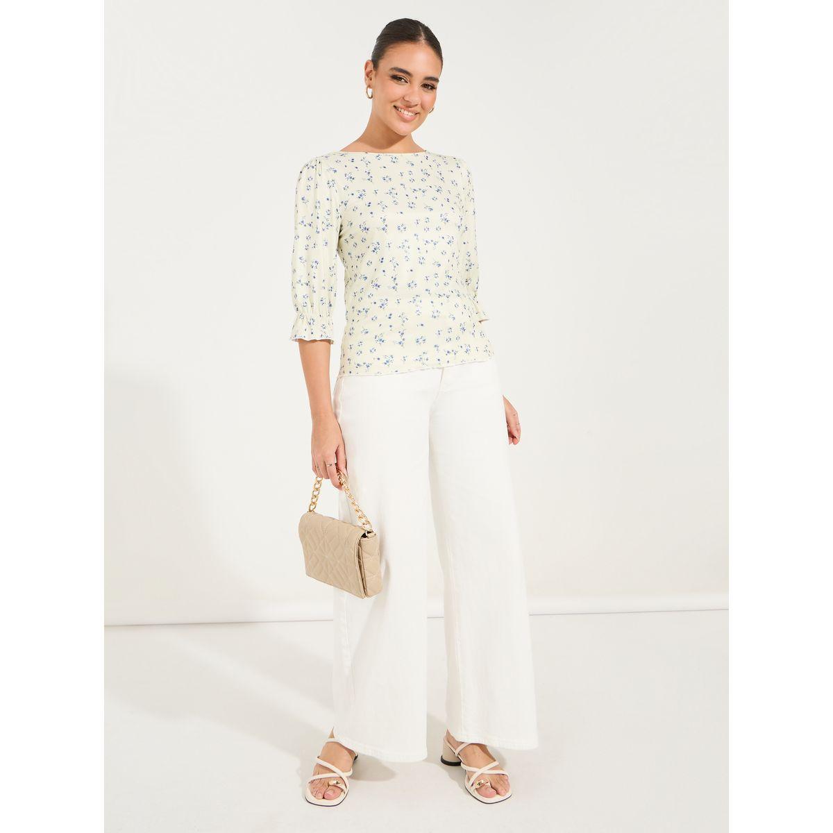 Styli Floral Print Rib Top with 3/4th Cuffed Sleeve-women-clothing-shirtsandblouses-blouses-image-2