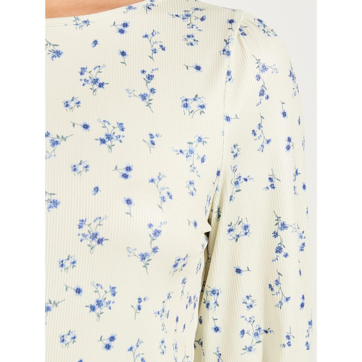 Styli Floral Print Rib Top with 3/4th Cuffed Sleeve-women-clothing-shirtsandblouses-blouses-image-3