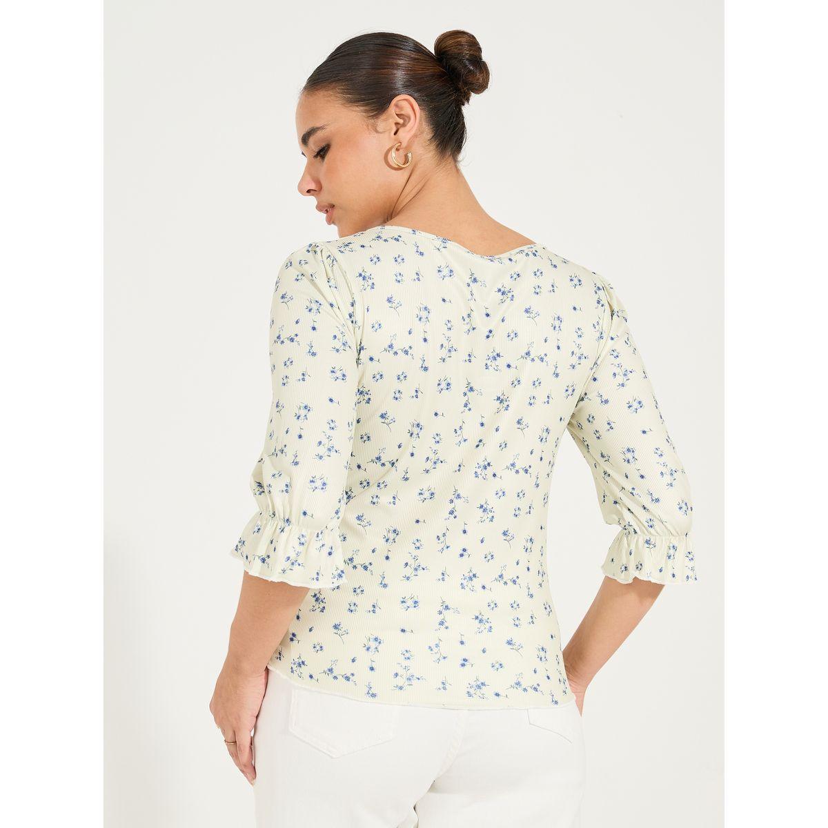 Styli Floral Print Rib Top with 3/4th Cuffed Sleeve-women-clothing-shirtsandblouses-blouses-image-4
