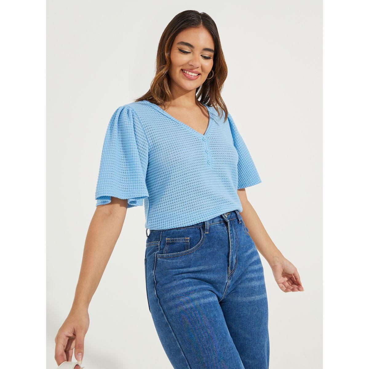 Styli Pointelle Knit Half Placket Top with V Neck-women-clothing-shirtsandblouses-blouses-image-1