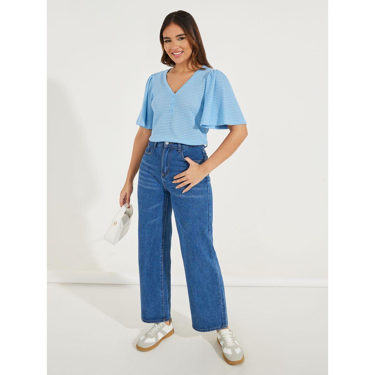 Styli Pointelle Knit Half Placket Top with V Neck-women-clothing-shirtsandblouses-blouses-image-2