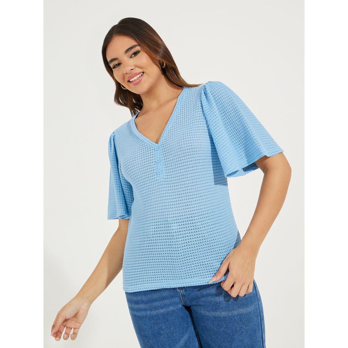 Styli Pointelle Knit Half Placket Top with V Neck-women-clothing-shirtsandblouses-blouses-image-3