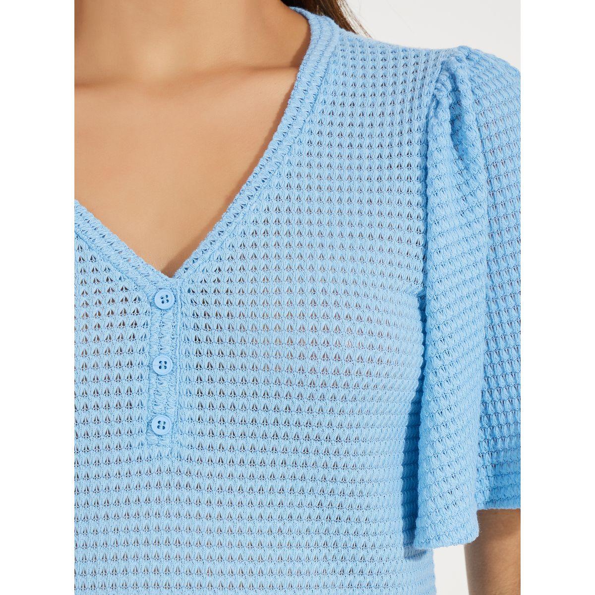 Styli Pointelle Knit Half Placket Top with V Neck-women-clothing-shirtsandblouses-blouses-image-4