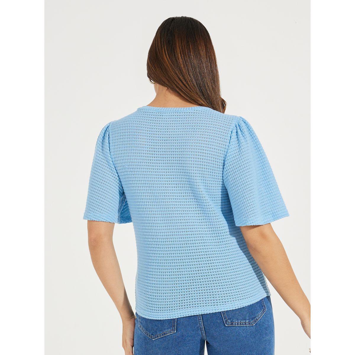 Styli Pointelle Knit Half Placket Top with V Neck-women-clothing-shirtsandblouses-blouses-image-5