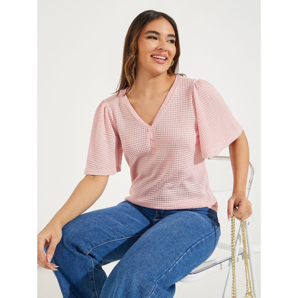 Styli Pointelle Knit Half Placket Top with V Neck-women-clothing-shirtsandblouses-blouses-image-1