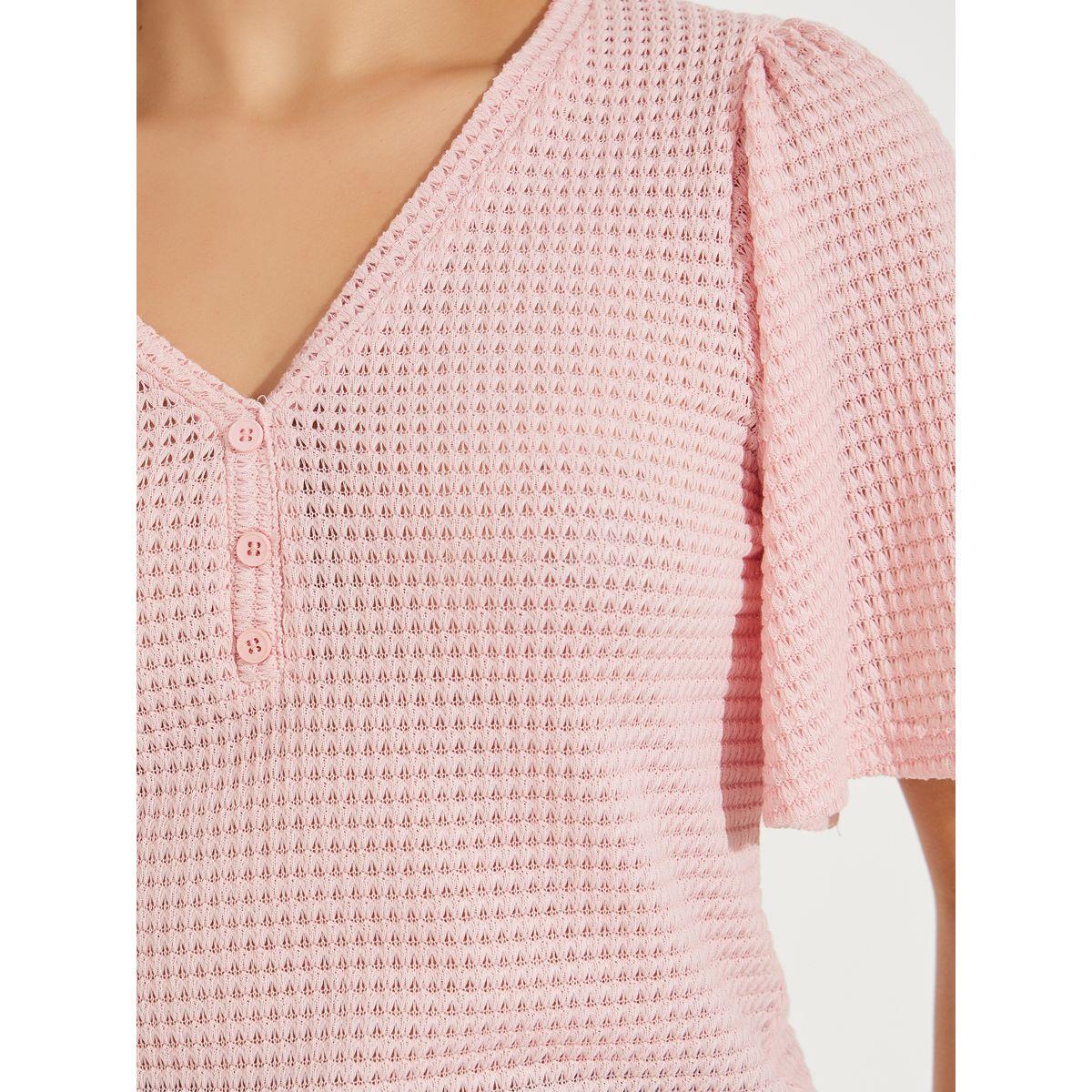 Styli Pointelle Knit Half Placket Top with V Neck-women-clothing-shirtsandblouses-blouses-image-4