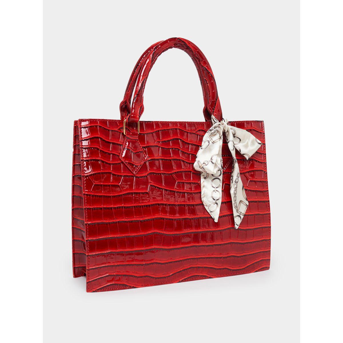 Styli Croc Textured Tote Bag with Ribbon Detail-women-bagsandwallets-handbags-image-1