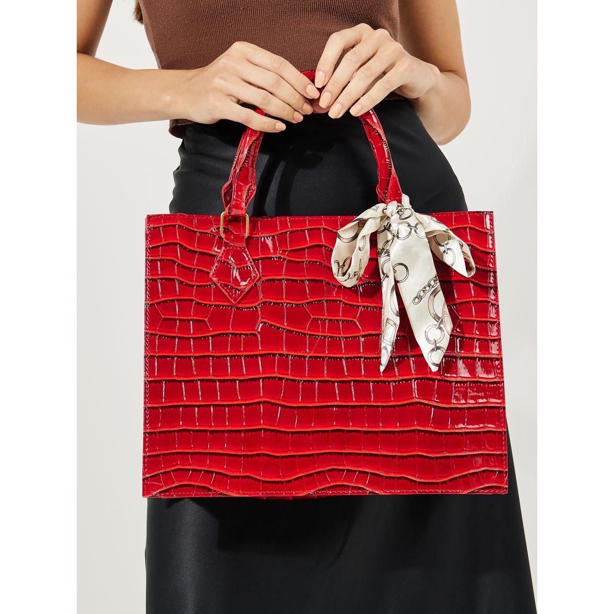 Styli Croc Textured Tote Bag with Ribbon Detail-women-bagsandwallets-handbags-image-2