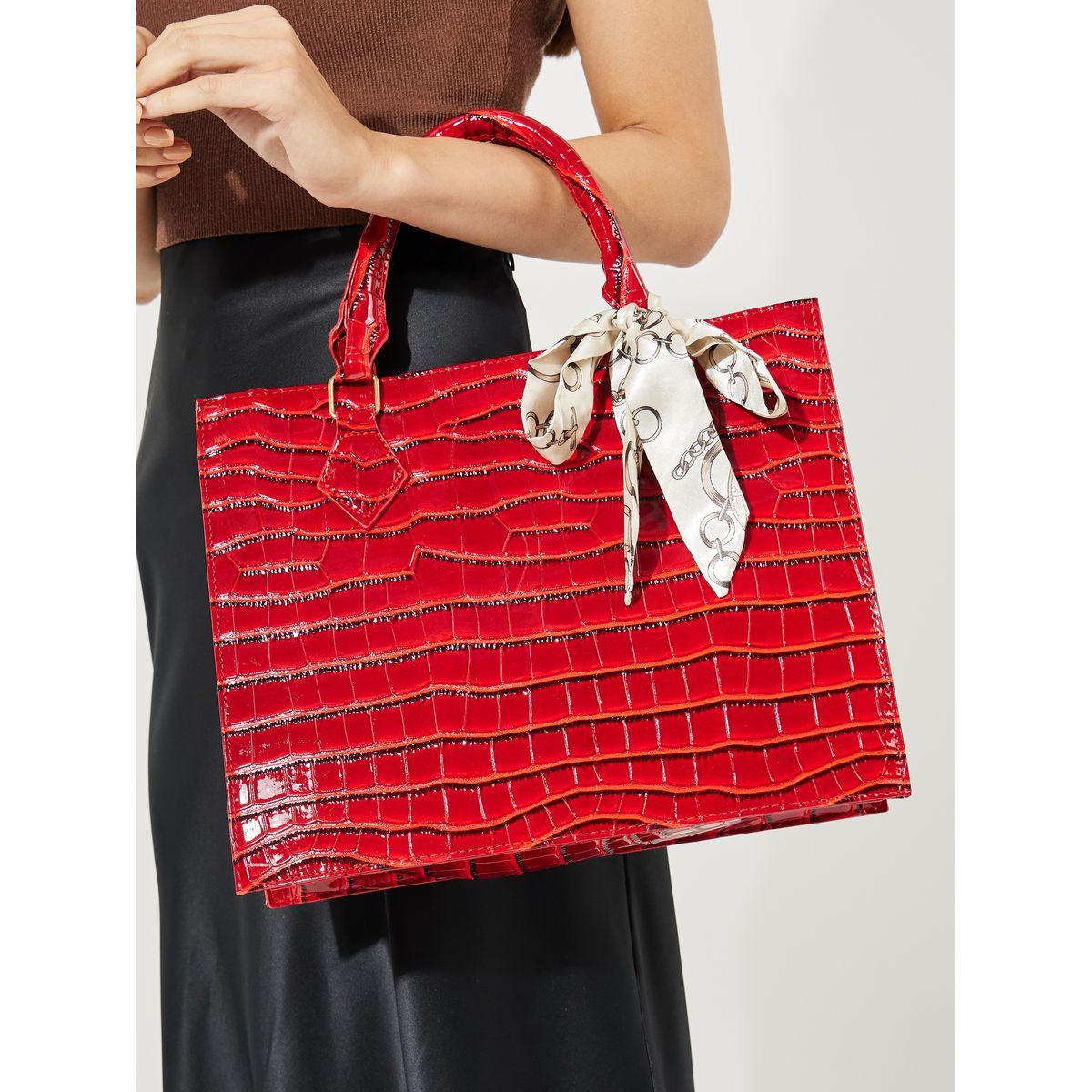 Styli Croc Textured Tote Bag with Ribbon Detail-women-bagsandwallets-handbags-image-3