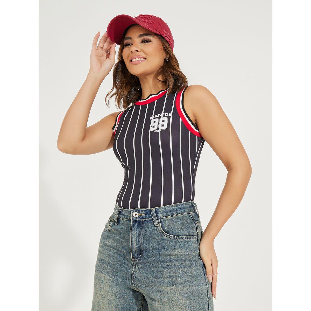 Styli Striped Rib Neck Sleeveless Bodysuit with Logo Detail-women-clothing-shirtsandblouses-blouses-image-2