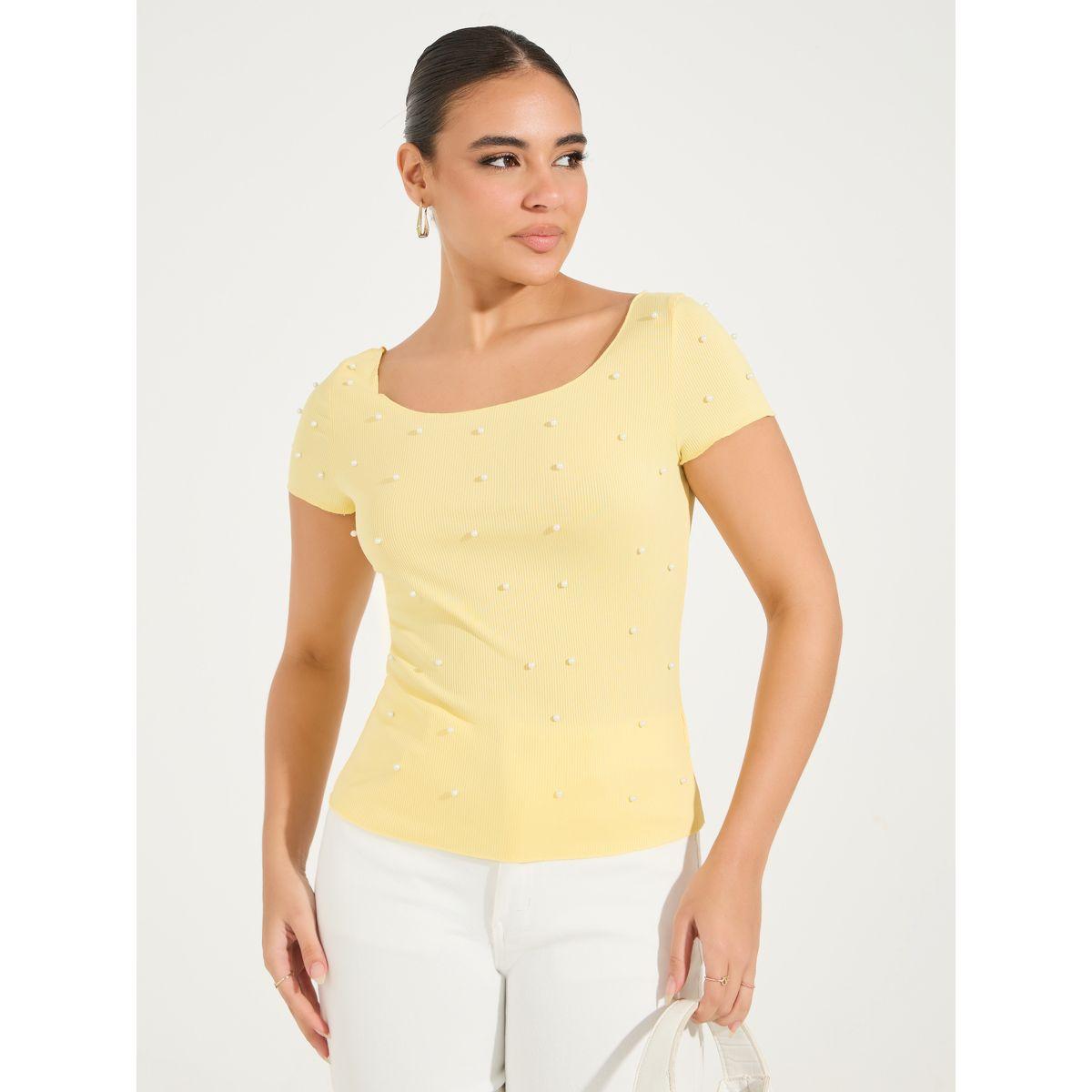 Styli Rib Knit Wide Neck Top with Pearl Embellished Detail-women-clothing-tshirts-image-1