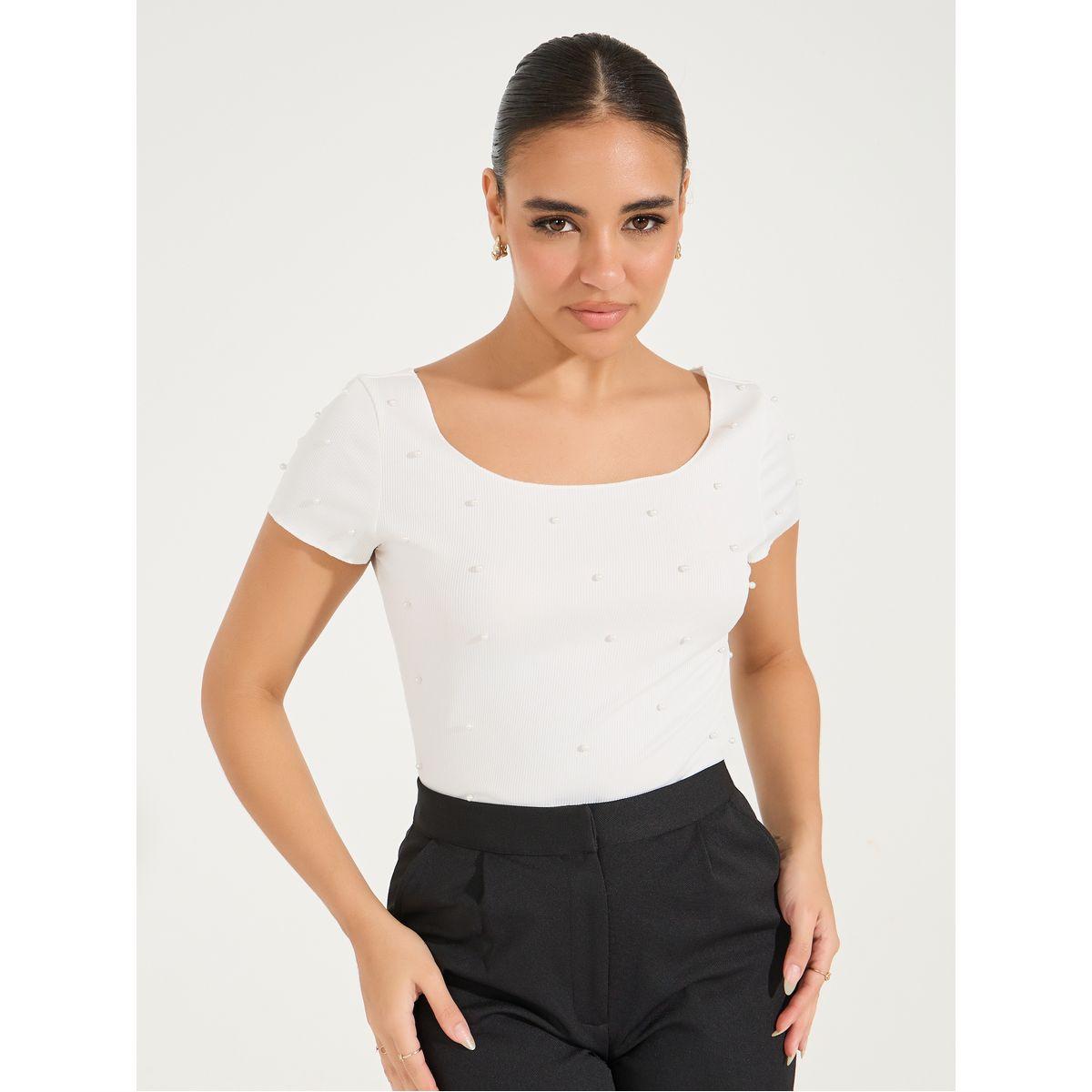 Styli Rib Knit Wide Neck Top with Pearl Embellished Detail-women-clothing-tshirts-image-1