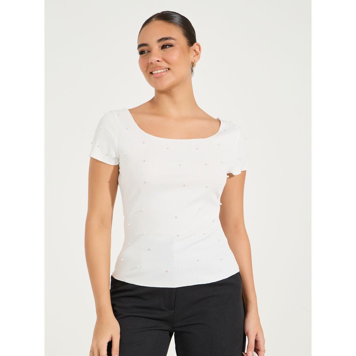 بلوزة محبوكة بتفاصيل مضلعة ومزينة بلؤلؤ-women-clothing-tshirts-image-3