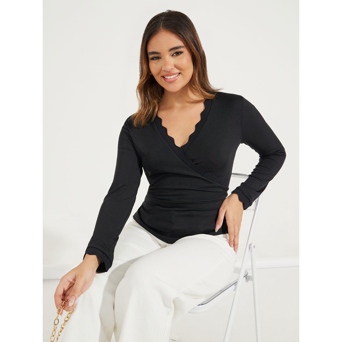 Styli Solid Pointelle Knit Wrap Top with Long Sleeves-women-clothing-shirtsandblouses-blouses-image-1