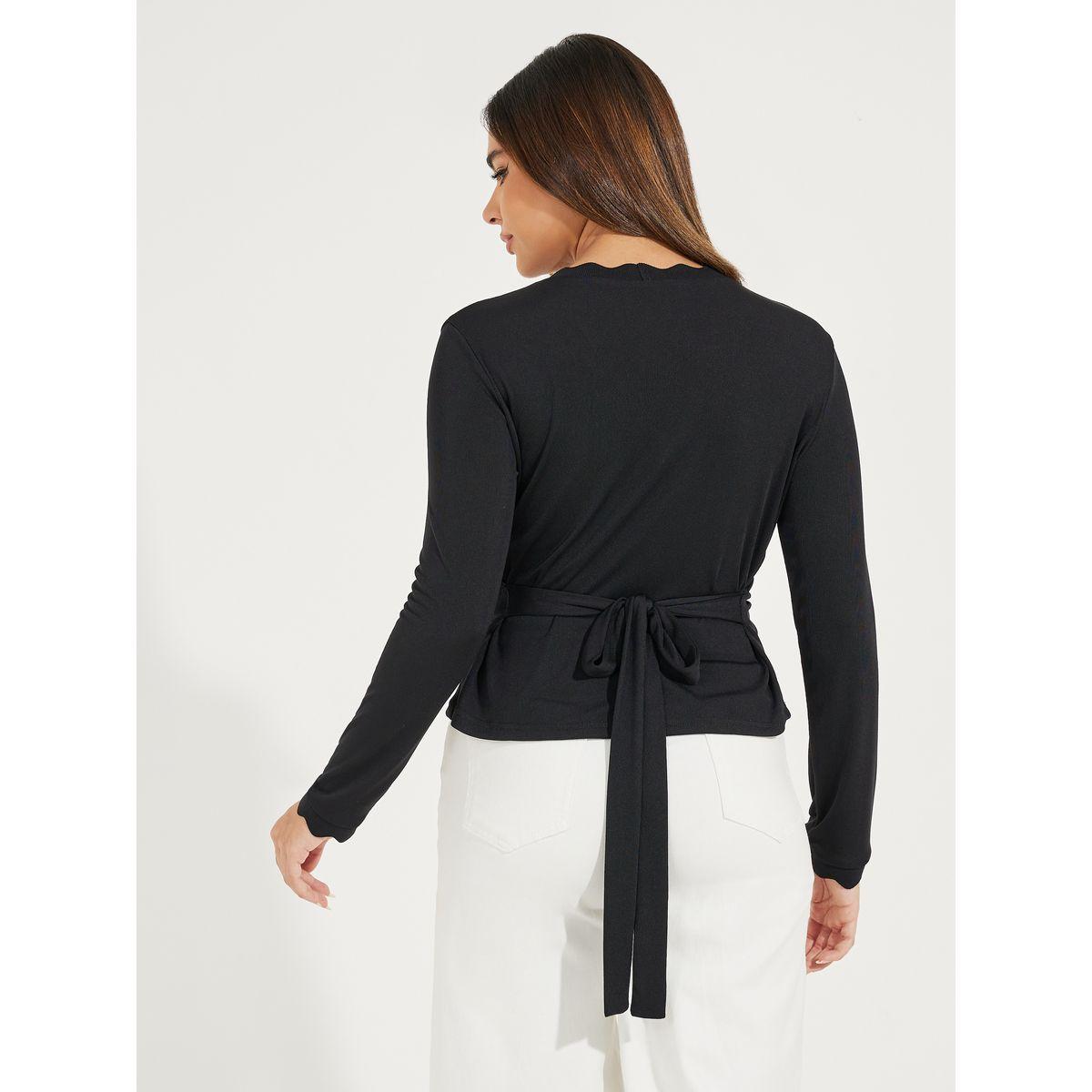 Styli Solid Pointelle Knit Wrap Top with Long Sleeves-women-clothing-shirtsandblouses-blouses-image-5