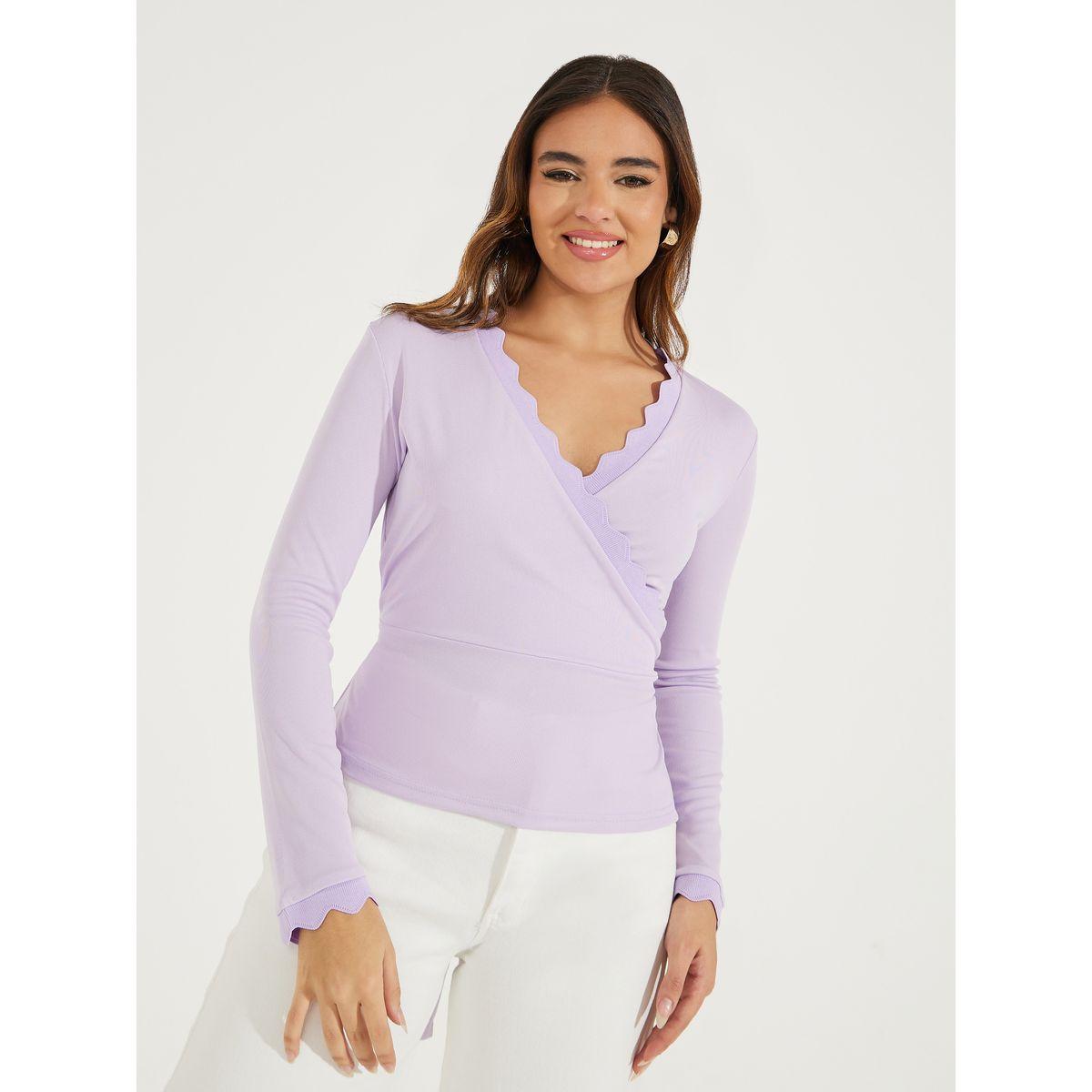 Styli Solid Pointelle Knit Wrap Top with Long Sleeves-women-clothing-shirtsandblouses-blouses-image-1