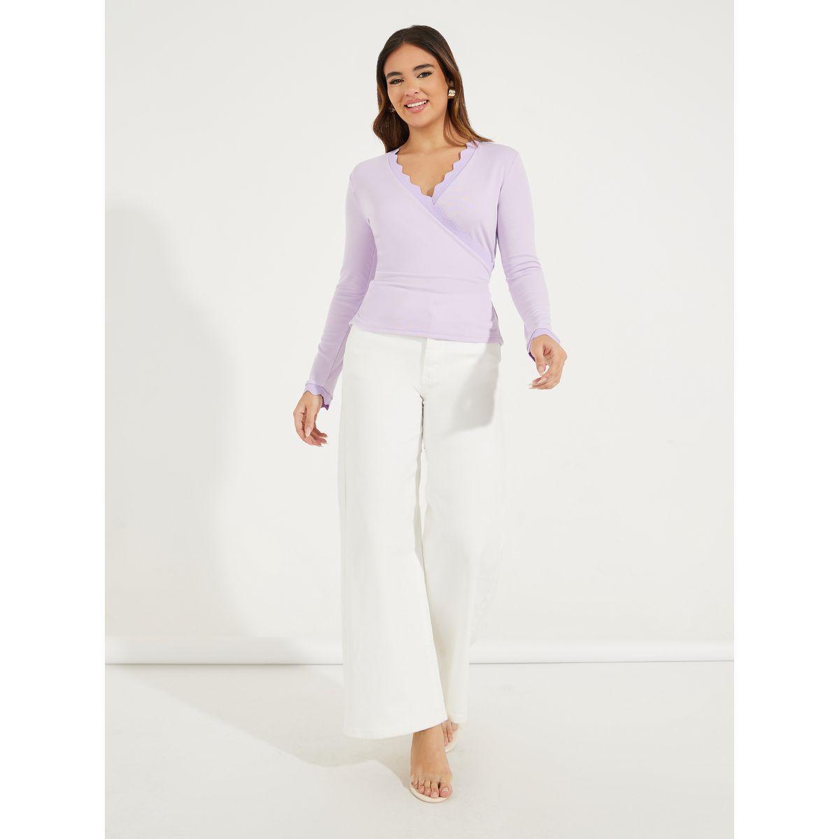 Styli Solid Pointelle Knit Wrap Top with Long Sleeves-women-clothing-shirtsandblouses-blouses-image-2