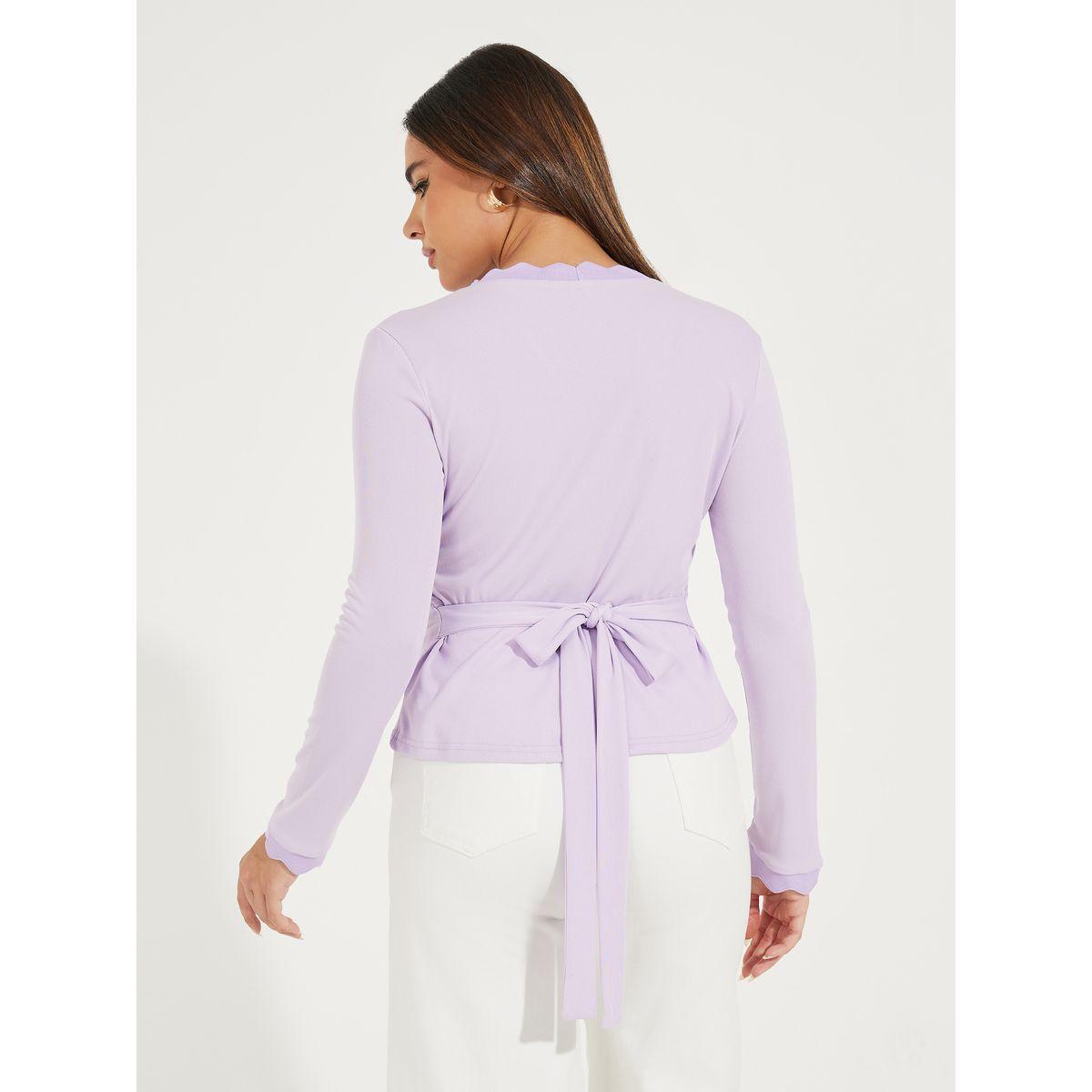 Styli Solid Pointelle Knit Wrap Top with Long Sleeves-women-clothing-shirtsandblouses-blouses-image-4