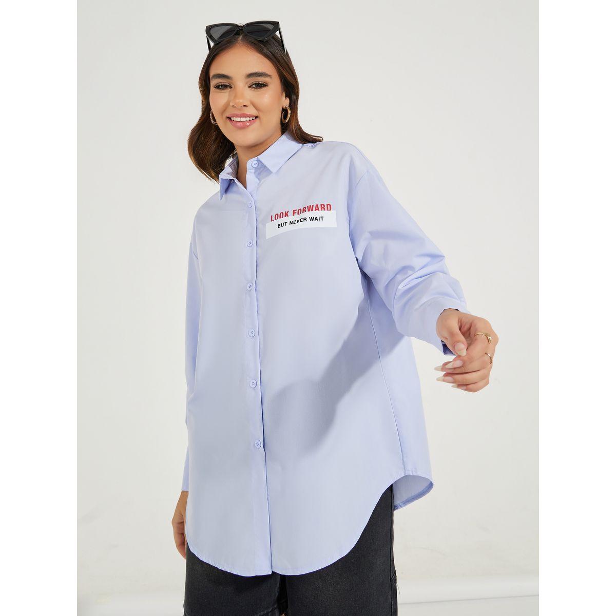Styli Oversized Slogan Print Buttoned Shirt with Long Sleeves-women-clothing-shirtsandblouses-shirts-image-1