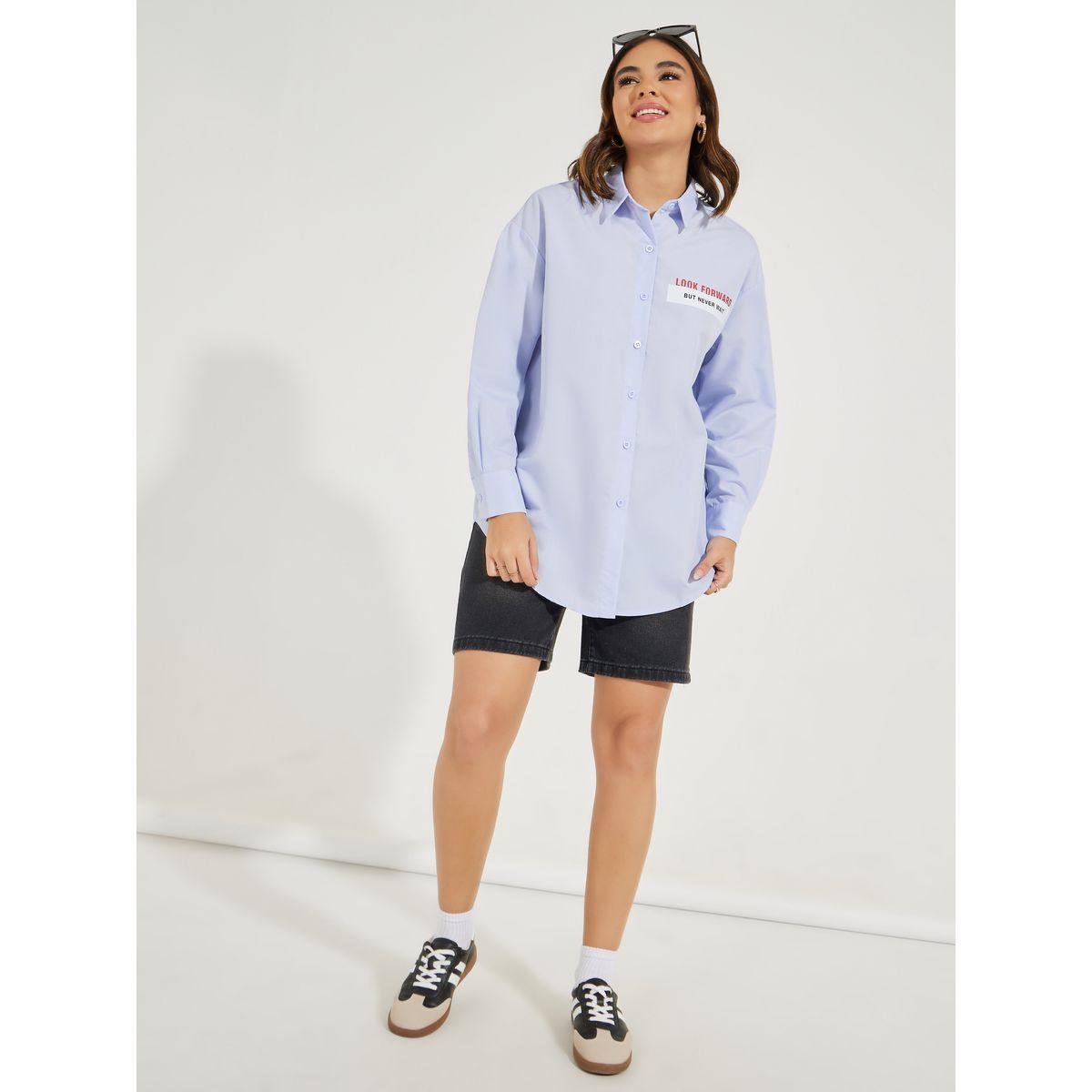 Styli Oversized Slogan Print Buttoned Shirt with Long Sleeves-women-clothing-shirtsandblouses-shirts-image-2