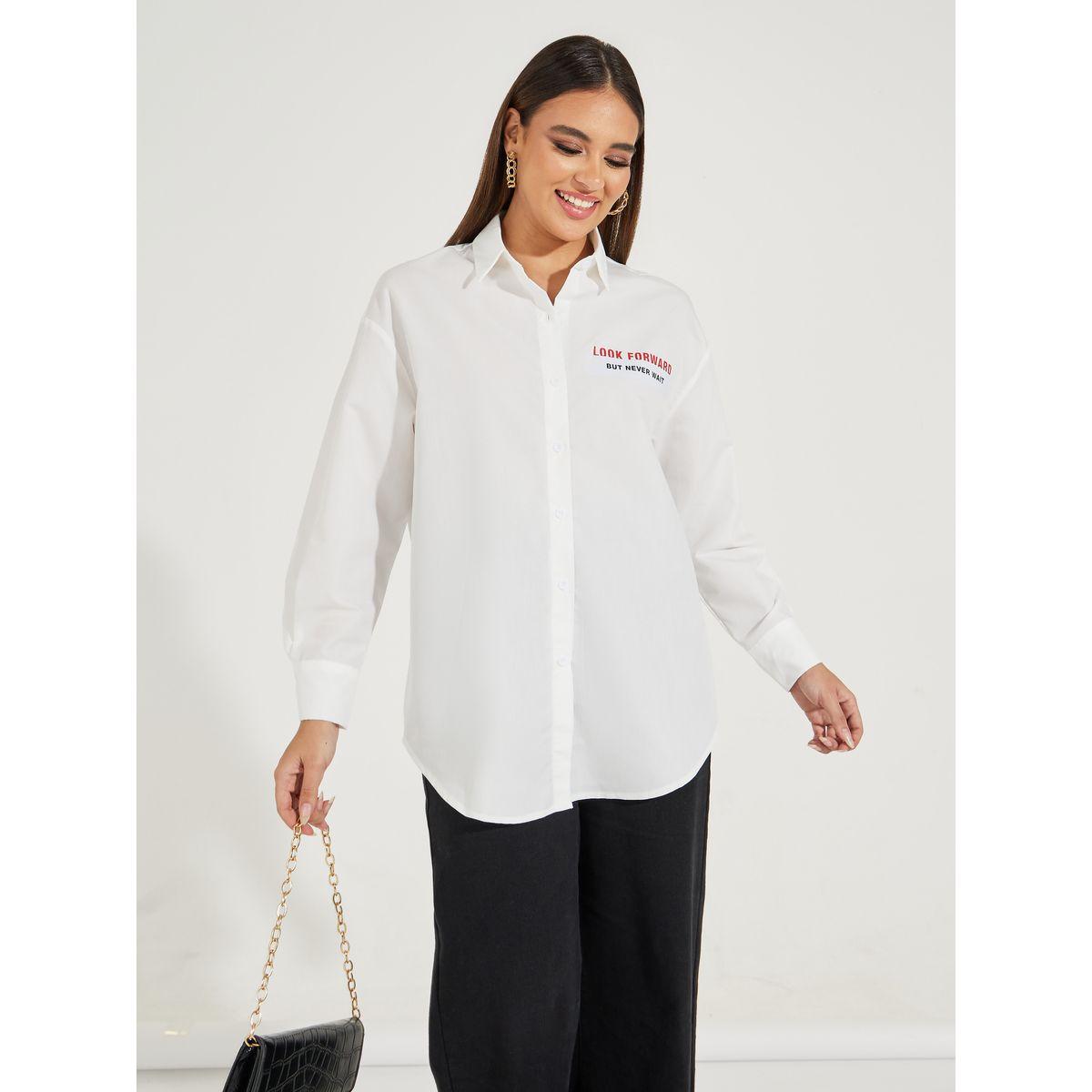 Styli Oversized Slogan Print Buttoned Shirt with Long Sleeves-women-clothing-shirtsandblouses-shirts-image-1
