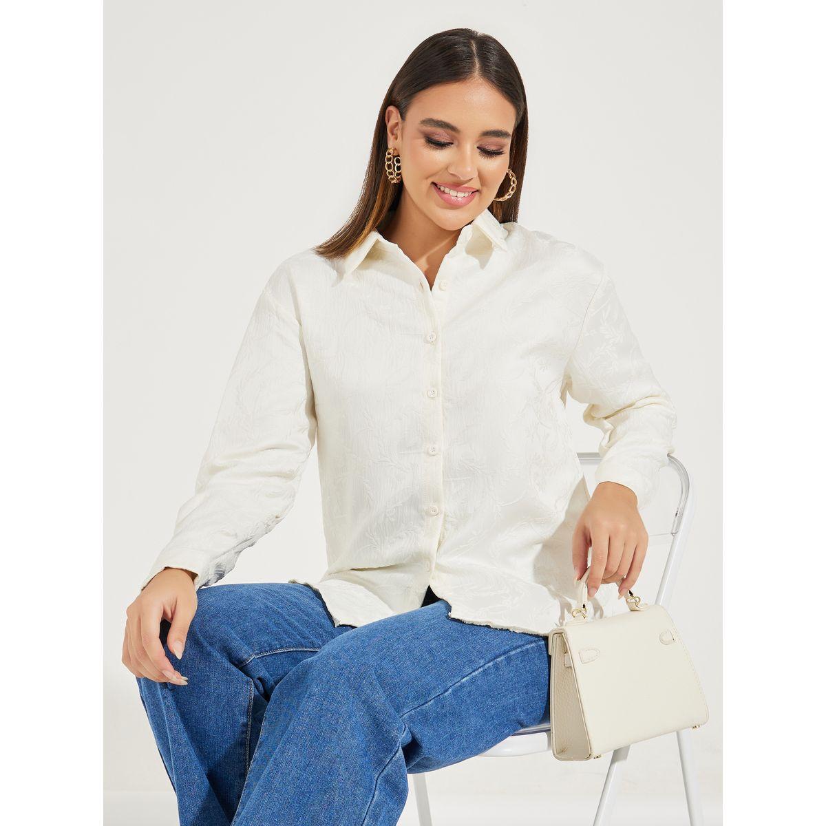 بلوزة بنسيج جاكار وأزرار مع أكمام فلوت-women-clothing-shirtsandblouses-shirts-image-1